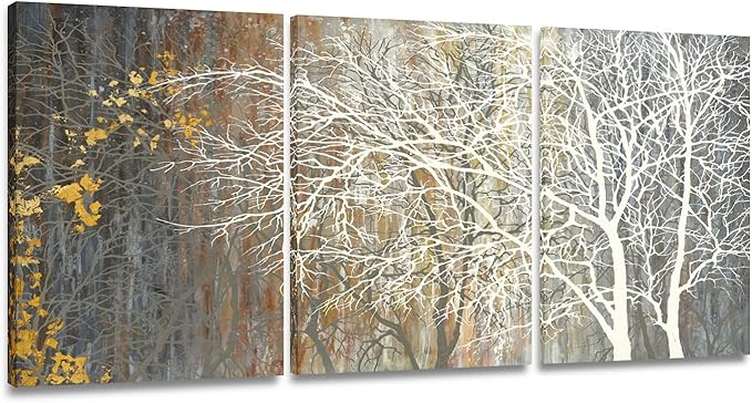 Yihui Arts Brown Canvas Wall Art - Tree Couples Paintings with Gold Foil - 3 Panels Abstract Forest Pictures for Farmhouse Bedroom Bathroom Living Room Decor