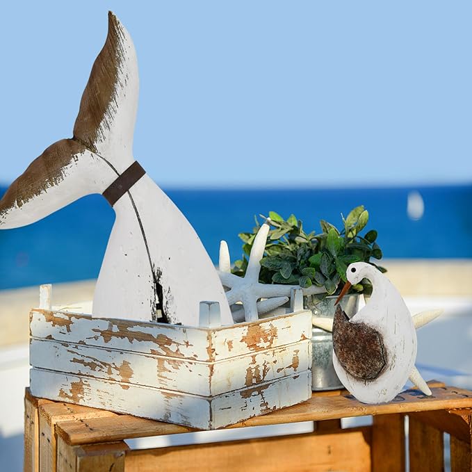Veclotch 4.3"" H Nautical Wood Beach Sea Bird Table Statue Decorative Seabird Figurine Handmade Sculpture Rustic Distressed Farmhosue Nautical Bird Statue Sea Ocean Coastal Home Decoration (S), Small