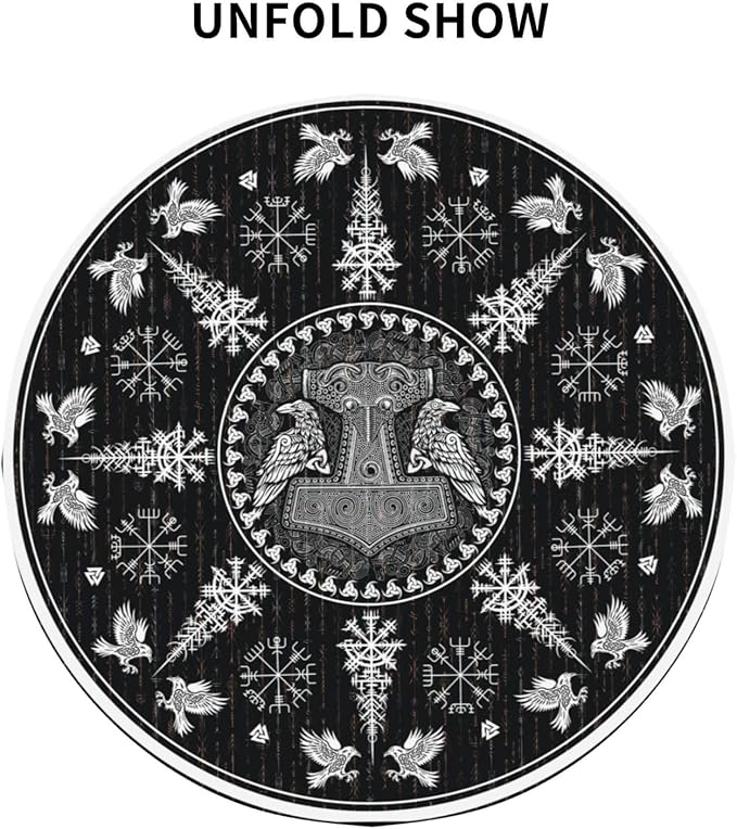 Norse Viking Tablecloth, Nordic Mythology Crow Helmet of Awe Ancient Mythical Viking Raven Print Water Resisitant Table Cover for Dining Kitchen Living Room Home Party Holiday Decor 36 inch Round