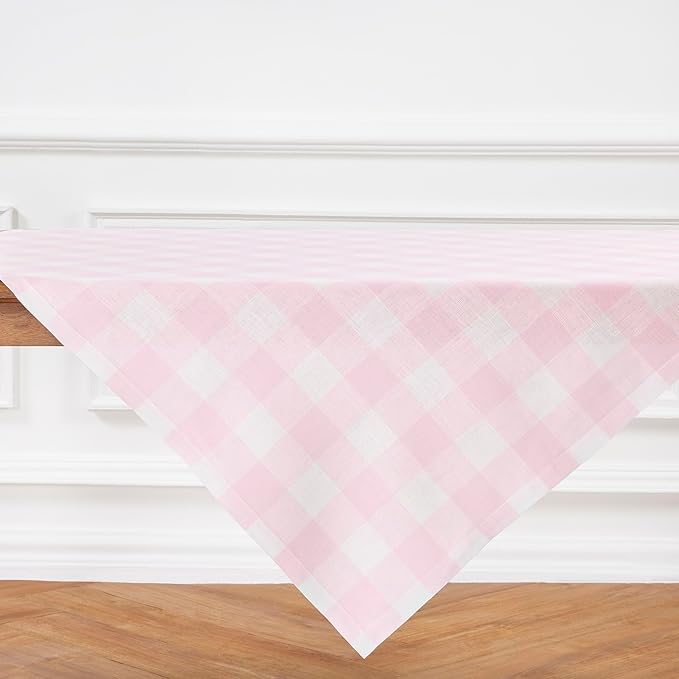 Solino Home Linen Checkered Tablecloth 52 x 52 Inch - 100% Pure Linen Marshmellow Pink Buffalo Plaid Square Tablecloth - Machine Washable Table Throw