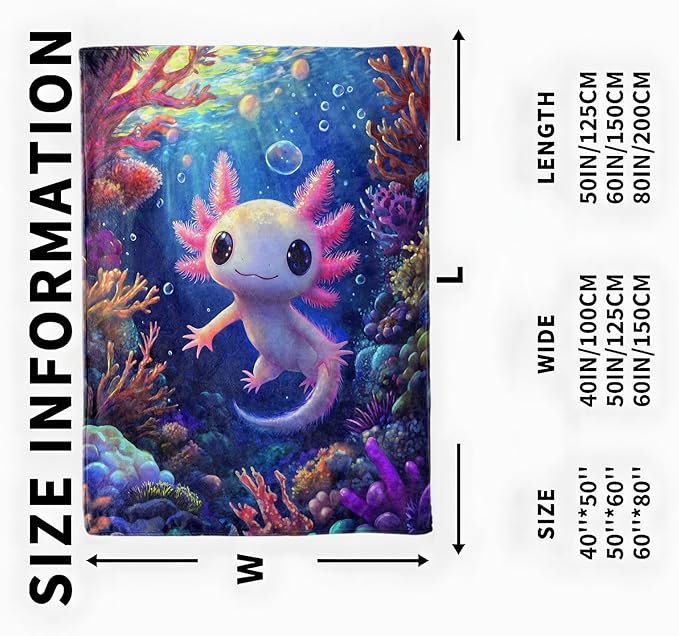 Cute Axolotl Underwater Blanket, Cozy Flannel Smiling Axolotls Throw Blanket, Soft Fuzzy Blankets for Travel Home Decor, All Season Lightweight Couch Bed Cover, Gifts for Women Kids 50"×60"