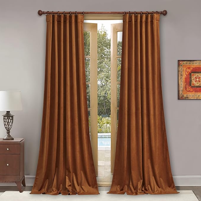 StangH Fall Velvet Curtains 132 inches Long Burnt Orange Back Tab Thermal Insulated Drapes, Elegant Curtain Panels for Bold & Modern Home Decor, W52 x L132, 2 Panels
