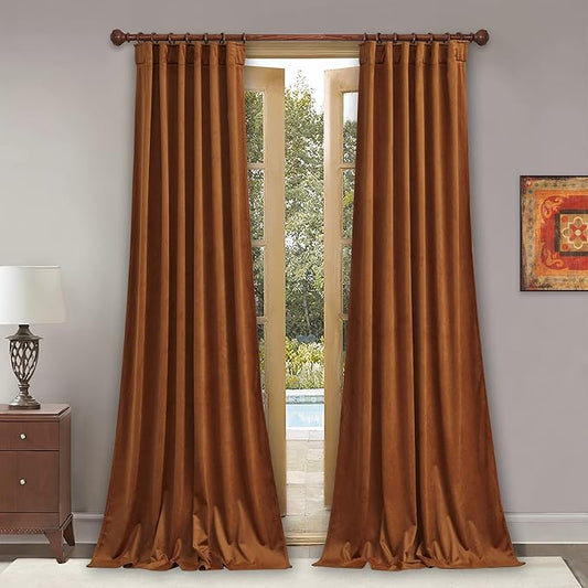 StangH Fall Velvet Curtains 132 inches Long Burnt Orange Back Tab Thermal Insulated Drapes, Elegant Curtain Panels for Bold & Modern Home Decor, W52 x L132, 2 Panels