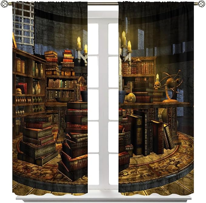 Gothic Mid Century Blackout Curtains, Library Medieval Vintage Wooden Bookshelves Candles Skull Window Drapes, for Living Room Bedroom 31.5(W)*72(L) 2 Panels