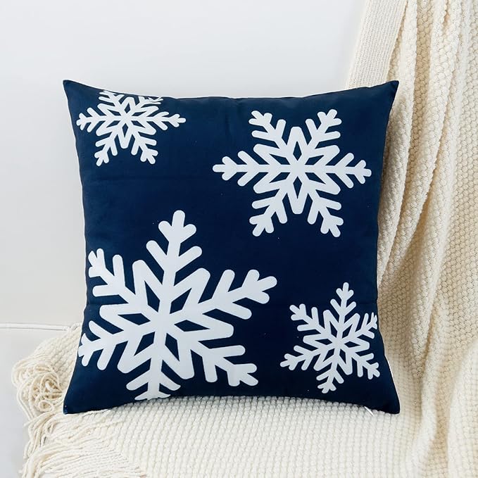 HWY 50 Navy Blue Decorative Throw Pillow Covers 16x16 Inch for Couch Sofa Living Room Bed, Soft Square Throw Pillows Cases Cushion Cover with Christmas Snowflakes Print Pack of 2