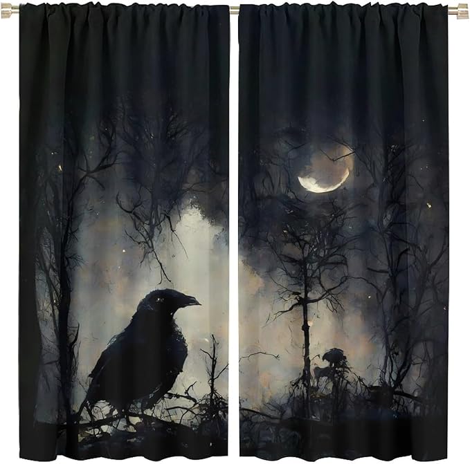 Gothic Halloween Crow Blackout Window Curtains, Black Birds Crow Crow Black Dark Decor Window Drapes, for Home Bedroom Living Room 21(W)*45(L) 2 Panels
