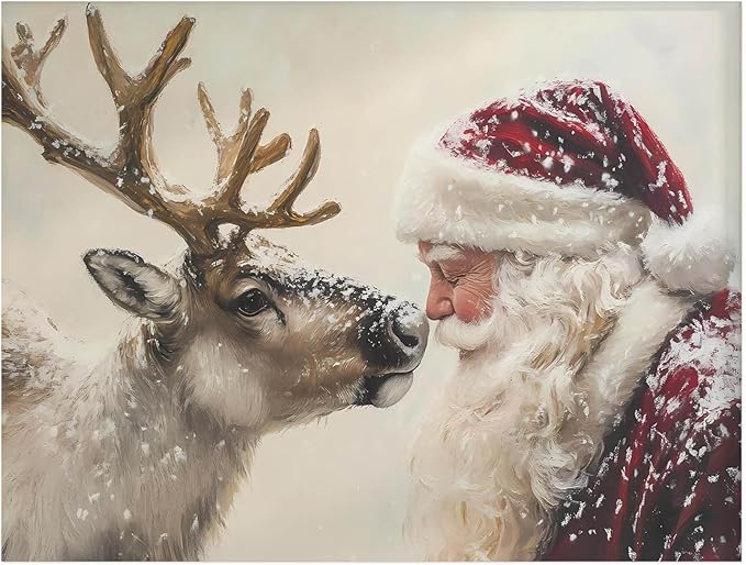 Vintage Santa and Reindeer Portrait Wall Art Print,Rustic Christmas Holiday Decor,Vintage Santa Claus Painting,Festive Winter Wall Print