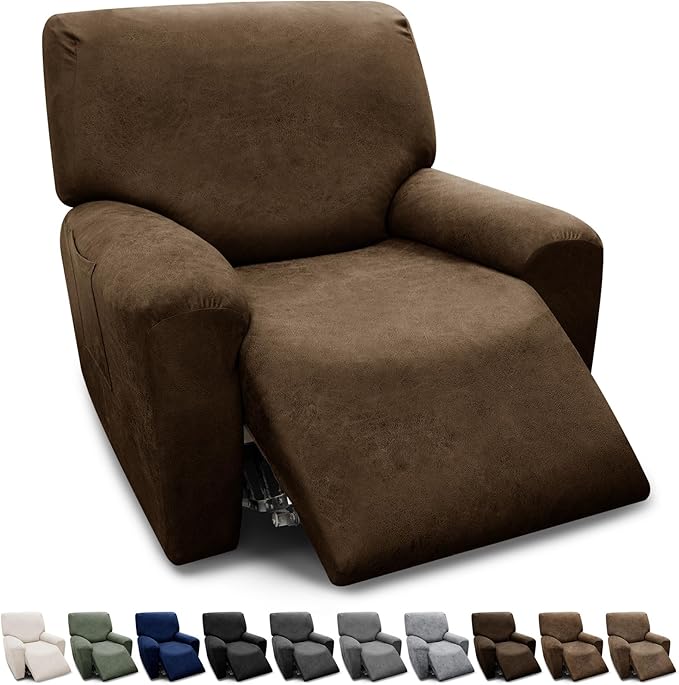 Chair Covers 4-Pieces Recliner Chair Covers 1 Seater Cover for Recliner Chair Leather Look Recliner Slipcovers with Pockets Spandex Fabric Furniture Covers(XL Recliner, Dark Brown)