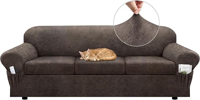 Sofa Slipcover with Armrest Pockets 4-Piece Set, Stretch Faux Leather Extra Large Couch Covers for 3-Cushion Couches(Fits 98-112") - Machine Washable, Pet & Kid Friendly - Light Brown