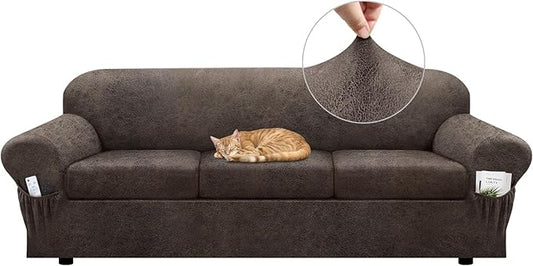 Sofa Slipcover with Armrest Pockets 4-Piece Set, Stretch Faux Leather Extra Large Couch Covers for 3-Cushion Couches(Fits 98-112") - Machine Washable, Pet & Kid Friendly - Light Brown