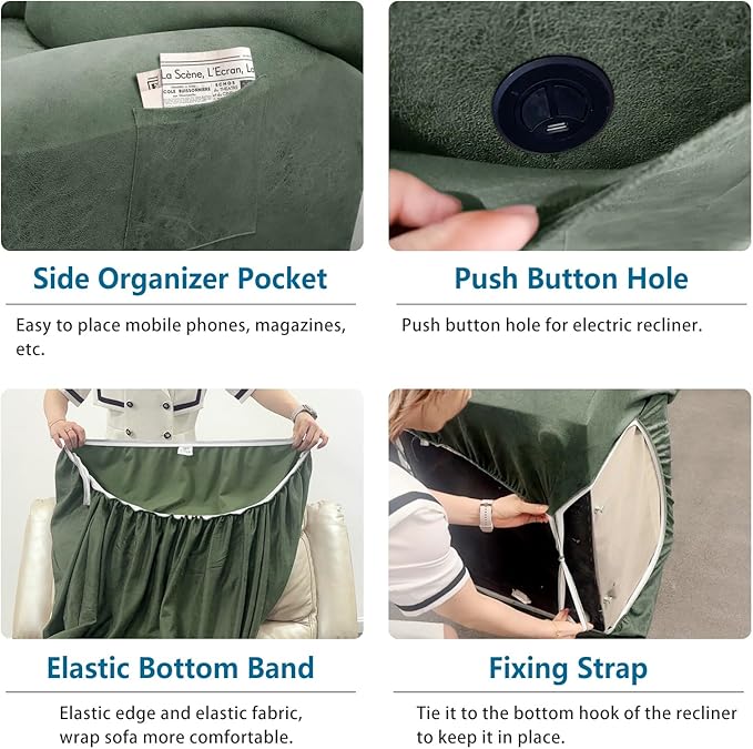 Couch Cover 8-Pieces Sofa Covers Washable Recliner Sofa Covers 3 Seater Leather Look Recliner Slipcovers with Pockets Spandex Fabric Furniture Covers(Recliner Sofa, Army Green)