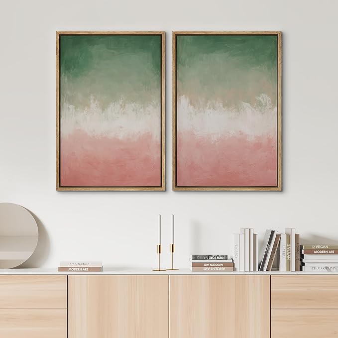 SIGNWIN Framed Canvas Print Wall Art Set Green and Pink Ombre Abstract Contemporary Gradient Modern Art Minimal Boho Relax/Calm for Living Room, Bedroom, Office - 16"x24"x2 Natural