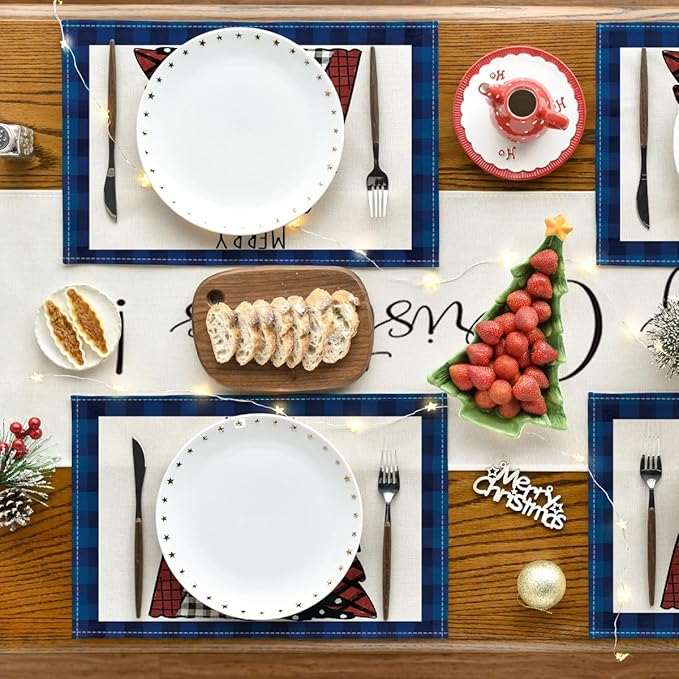 Artoid Mode Blue Waterclor Buffalo Plaid Christmas Trees Placemats Set of 4, 12x18 Inch Winter Table Mats for Outdoor Home Party Kitchen Dining Decor