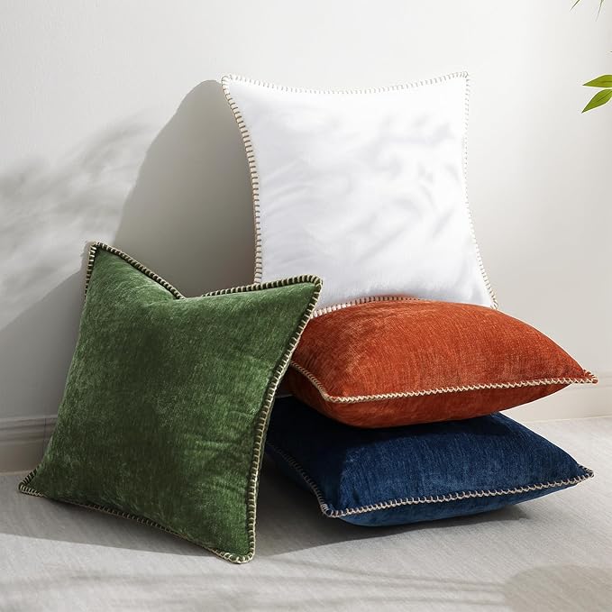 decorUhome Christmas Chenille Soft Throw Pillow Covers 20x20 Set of 2, Farmhouse Velvet Neutral Decorative Euro Fall Pillow Covers with Stitched Edge for Couch Sofa Bed Home Decor, Forest Elf