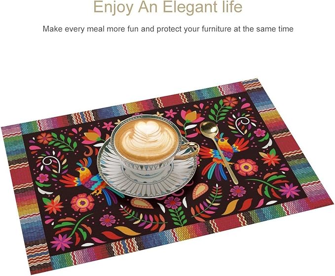 Mexican Cinco De Mayo Placemat Set of 4, 12x18 Inch Colorful Mexico Fiesta Talavera Floral Birds Dia De Los Muertos Day Vintage Coffee Table Mats for Outdoor Kitchen Dining Table Decoration