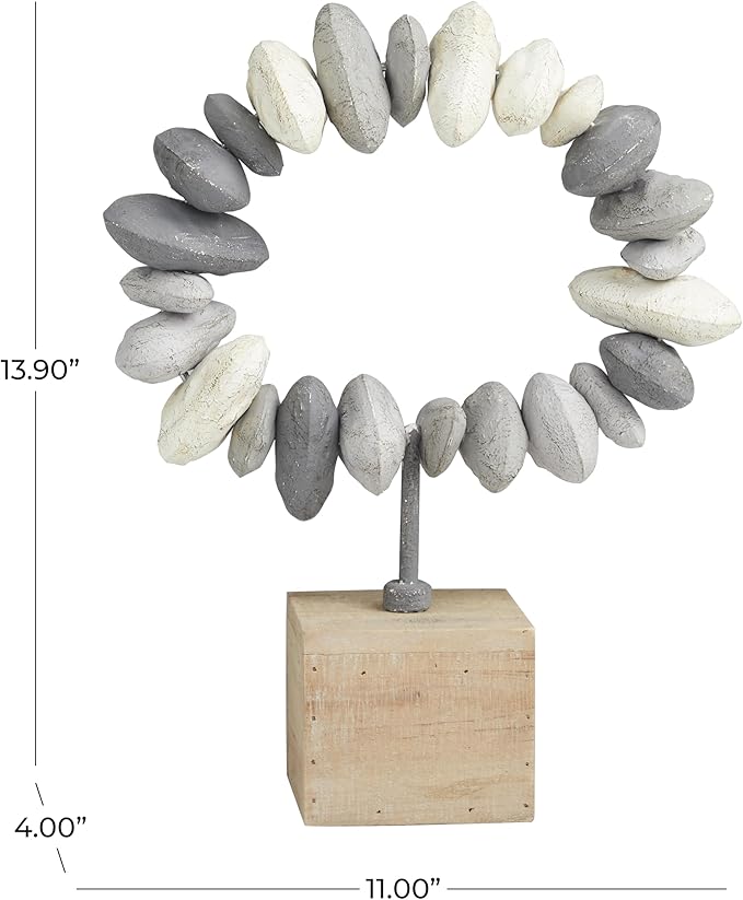 Deco 79 Metal Abstract Decorative Sculpture Circular Stone Home Decor Statue with Brown Wooden Base, Accent Figurine 11" x 4" x 14", Gray