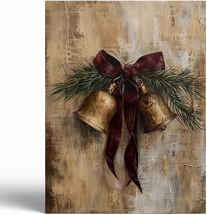 Moody Christmas Wall Art Print,Vintage Holiday Print,Brass Bells Rustic Oil Painting,Country Christmas Antique Winter Wall Decor
