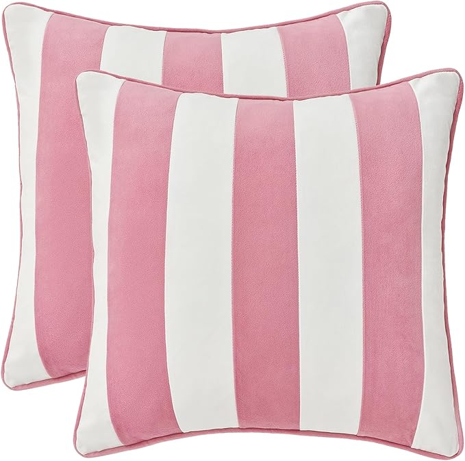 MONDAY MOOSE Decorative Throw Pillow Covers Cushion Cases, Set of 2 Soft Velvet Striped Piping Edge Designs, Pillow Inserts Not Included (Light Pink/White, 18x18 inch)