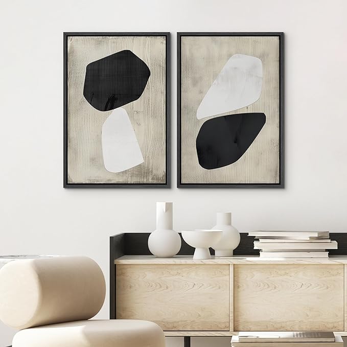 SIGNWIN Framed Canvas Print Wall Art Set Mid-Century Grunge Duotone Polygons Abstract Shapes Illustrations Minimal Decorative Nordic Zen Bohemian for Living Room, Bedroom, Office - 24"x36"x2 Black