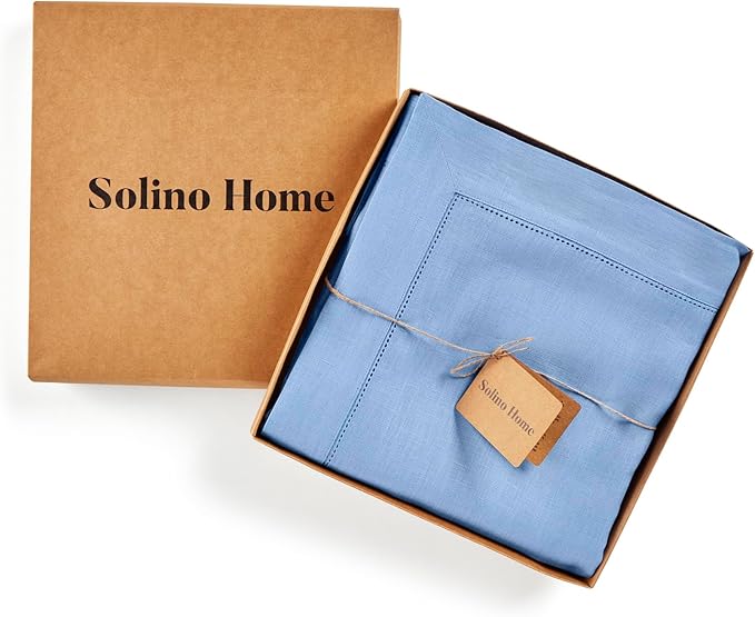 Solino Home Cornflower Blue Linen Tablecloth 60 x 120 Inch - 100% Pure Linen Hemstitch Table Cloth for Rectangle Tables - Classic Hemstitch, Machine Washable Tablecloth for Christmas, Holiday