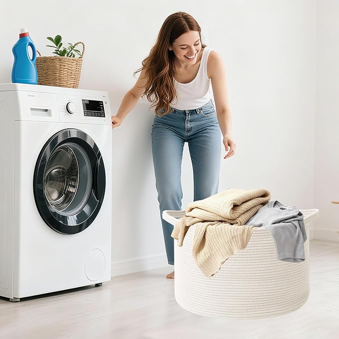 Large Blanket Basket for Organizing,65L Closet Organizers and Storage Bins Box for Shelves Woven Rope Storage Baskets,Living Room,Bedroom,Dorm,Laundry room (White)