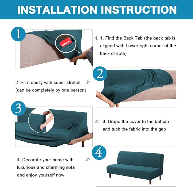 Flamingo P Stretch Armless Futon Covers Full Queen Futon Couch Covers Slipcover Futon Sofa Cover Futon Bed Cover Furniture Protector Covers with Elastic Bottom, Soft Thick Jacquard Washable, Deep Teal