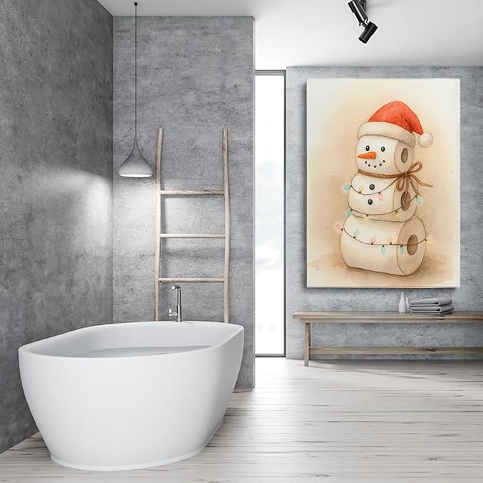 Whimsical Toilet Paper Snowman Christmas Wall Art Print,Funny Christmas Bathroom Decor,Cute Holiday Toilet Pape Snowman Painting,Toilet Poster, Rustic Winter Print