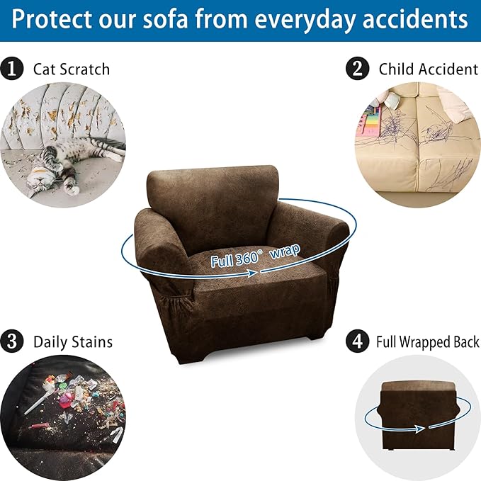 Single Sofa Cover Leather Look Chair Covers for Living Room 1-Piece Sofa Chair Covers with Arms Stretch Furniture Protector with Elastic Bottom & Pockets(Armchair, Brown)