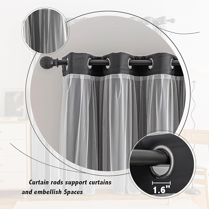 Anytime Home Curtains Blackout and Sheer Layered Solid Window Curtain Panel Pair with Grommet Top, 52Wx95L,Black