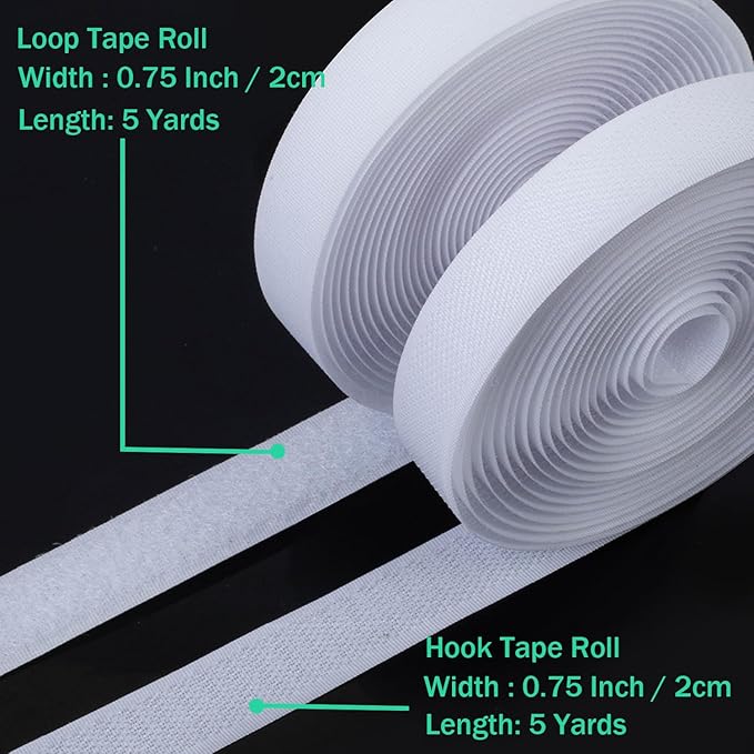 3/4 Inch Sew on Hook and Loop Strips | Easy to Sew | Excellent Grip | Non-Adhesive Back Nylon Fabric Fastener Strips for Clothing Sewing Crafts and DIY Projects, White, 3/4in x 5yd