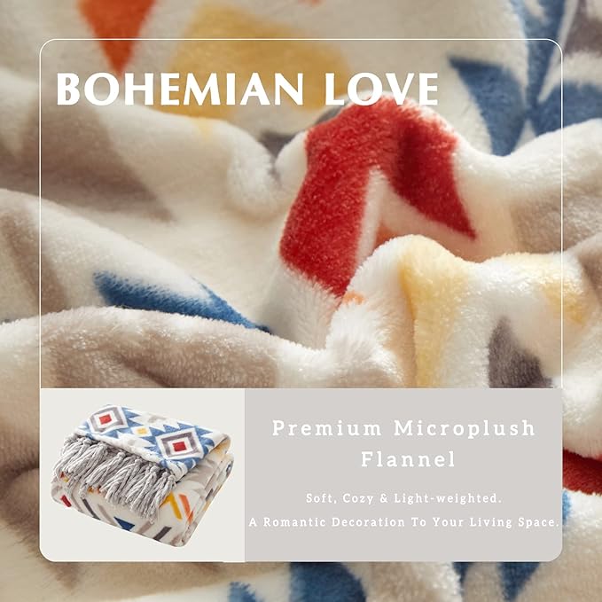 CASAAGUSTO Boho Throw Blanket - Colorful Decorative Blankets with Tassel, Printed Flannel Bohemian Blanket for Chair, Bed, Sofa, Couch(50 * 60, Colorful)