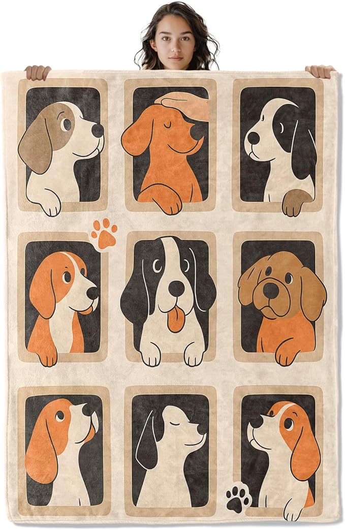 Cute Cartoon Dog Blanket, Adorable Puppy Faces Playful Style 50 x 40 Inch Flannel Warm Tones Throw Blanket, Gifts for Women Girls Kids, Lightweight Cozy Warm Blankets for Sofa Travel Home Decor