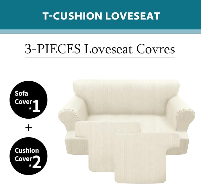 T Cushion Loveseat Slipcover 3 Pieces Sofa Covers for T Cushion Sofa Stretch Slip Covers for 2 Cushion Couch with 2 Individual T Shape Seat Covers (Light Yellow, 2 Cushion)