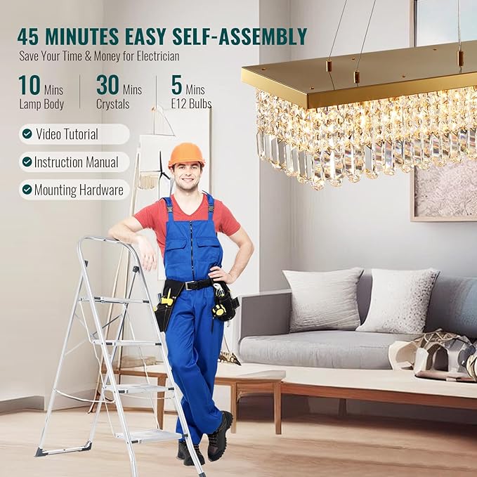 Siljoy Modern Crystal Chandelier, Luxury Gold Rectangular Raindrop Chandelier Lighting, 8-Light Rectangle Crystal Ceiling Light Fixture for Dining Room Kitchen Island Bar L40'' x W10'' x H10''