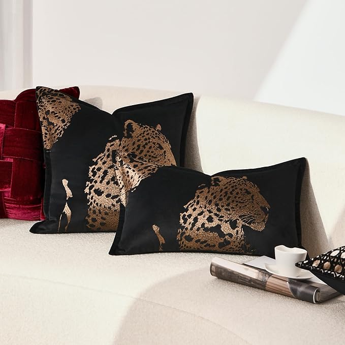 Decorative Lumbar Throw Pillow Cover 12x20'', Velvet Gold Cheetah Embroidered Throw Pillows, Modern Accent Pillow Cover for Bed Couch Sofa Bedroom Living Room