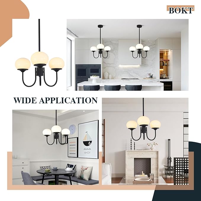 BOKT Dining Room Light Fixtures Over Table, Black Chandeliers for Farmhouse, Foyer Lighting Fixture with White Glass Shade for Kitchen