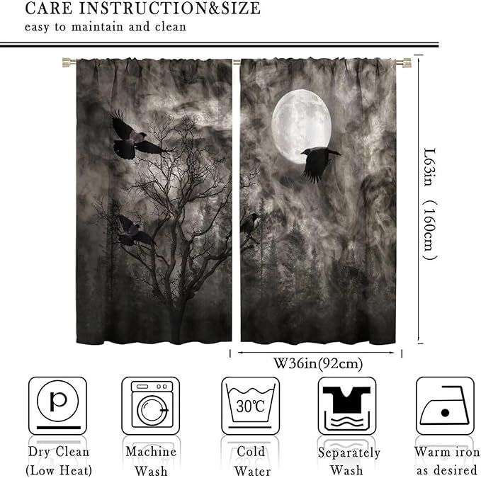 Gothic Crow Blackout Window Curtains, Gothic Style Dark Sky Full Moon Raven Halloween Pattern Window Drapes, for Home Bedroom Living Room 36(W)*63(L) 2 Panels
