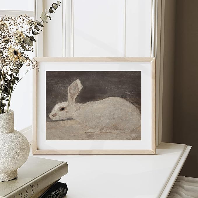 XOCUUI Vintage Rabbit Wall Art - Spring Easter Bunny Poster Decor - Modern Farmhouse Easter Egg Decoration for Bedroom Living Room - Rabbit Lover Gift - Rustic French Country Decor 8x10 - Unframed