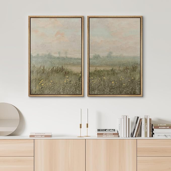 SIGNWIN Framed Wall Art Print Set Serene Meadow at Dawn Soft Impressionist Landscape Illustrations Minimal Decorative Nordic Zen Bohemian for Living Room, Bedroom, Office - 24"x36"x2 Natural