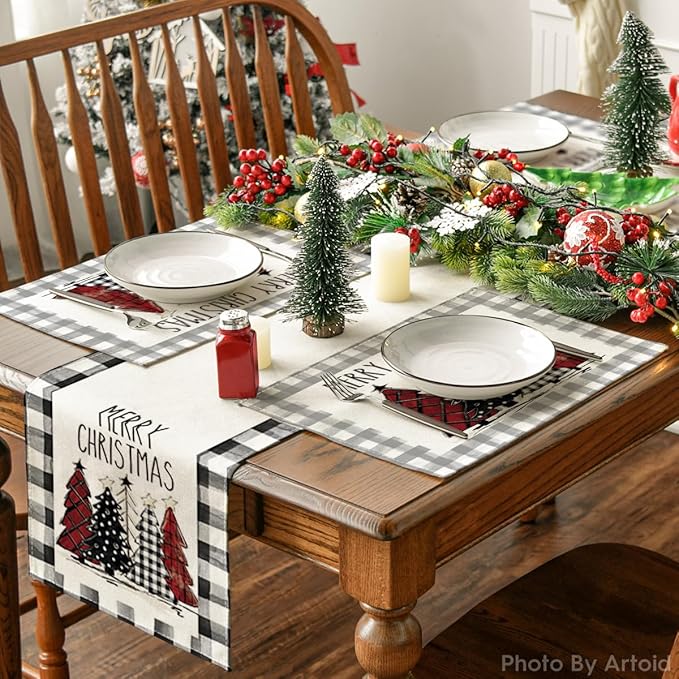 Artoid Mode Watercolor Grey Buffalo Plaid Christmas Trees Placemats Set of 6, 12x18 Inch Winter Table Mats for Party Kitchen Dining Decoration
