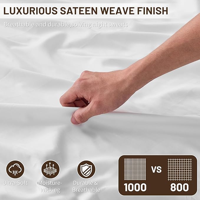 MEISHANG 1000 Thread Count Cotton Sheets Queen Size - 100% Egyptian Cotton, Sateen Weave, Soft & Breathable, Oeko-Tex Certified, 16" Deep Pockets - 4 Piece (Queen, White)