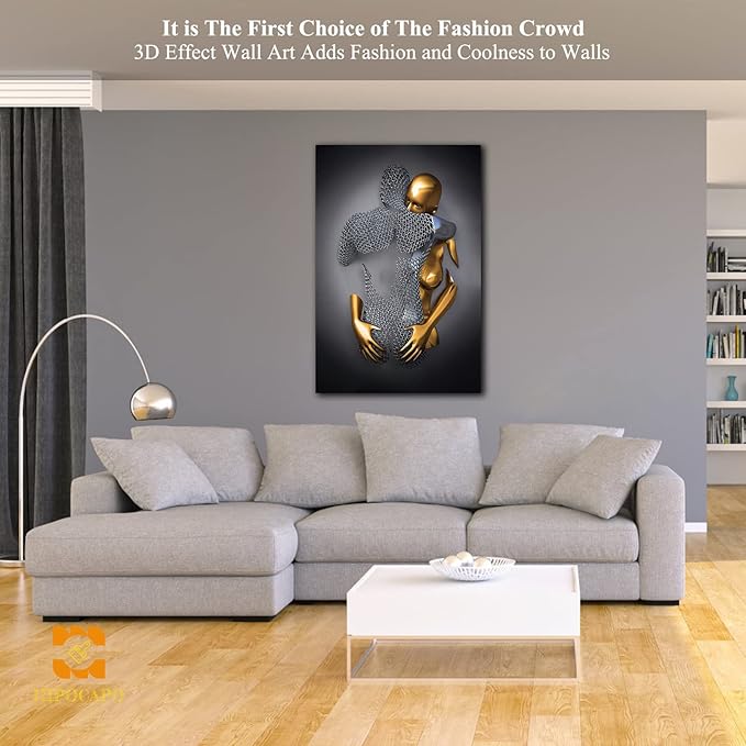 3D Metal Effect Wall Art - 3D Metal Canvas Art, 3D Metal Canvas Art 3D Canvas Art Wall Decor for Modern Living Room, Framed Romantic Couple Living Room Canvas Wall Art 24”x36”x1Pcs