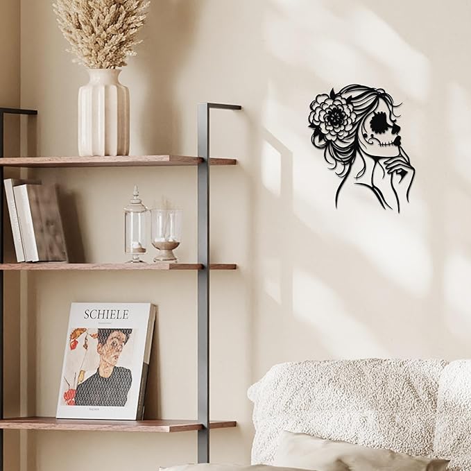 JEWLOVE Skull Wall Decor, Goth Wall Decor with Floral Skeleton Design, Gothic Metal Wall Art for Living Room, Bedroom, 11.1x12.7 Inch