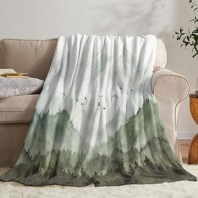 Neasow Watercolor Mountain Forest Fleece Throw Blanket, Nature Misty Foggy Sage Green Tree Landscape Art Nap Blankets Gift Sofa Bed Couch Chair or Dorm Throws 60×80 inches
