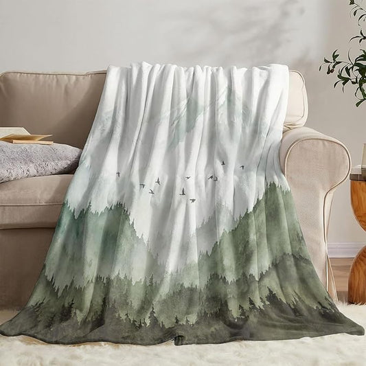 Neasow Watercolor Mountain Forest Fleece Throw Blanket, Nature Misty Foggy Sage Green Tree Landscape Art Nap Blankets Gift Sofa Bed Couch Chair or Dorm Throws 60×80 inches
