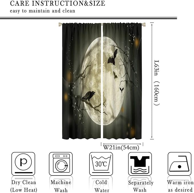 Gothic Halloween Full Moon Blackout Curtains, Gothic Halloween Night Black Bat Crow Print Window Drapes, for Kids Boys Bedroom Living Room 21(W)*63(L) 2 Panels