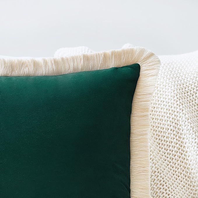MONDAY MOOSE Decorative Throw Pillow Covers Cushion Cases, Set of 2 Soft Velvet Modern Fringe Tassel Designs, Mix and Match for Home Decor, Pillow Inserts Not Included (Teal Green, 18x18 inch)