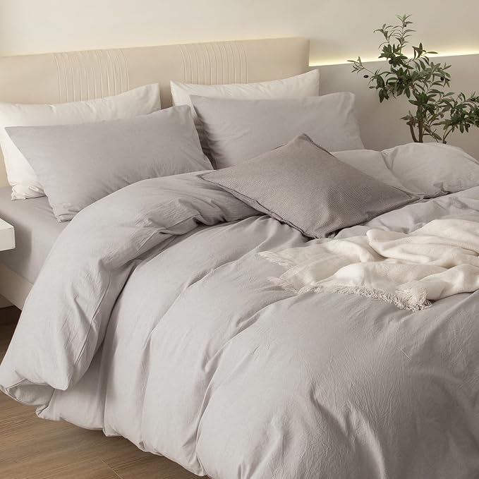 JIYUAN 100% Washed Cotton Duvet Cover Set 3 PCS Oversized King Plus, 1 Duvet Cover 128"x120"(Comforter Not Included) and 2 Pillowcases,Linen Feel Bedding Set Comfy and Breathable,Heathered Cream Grey