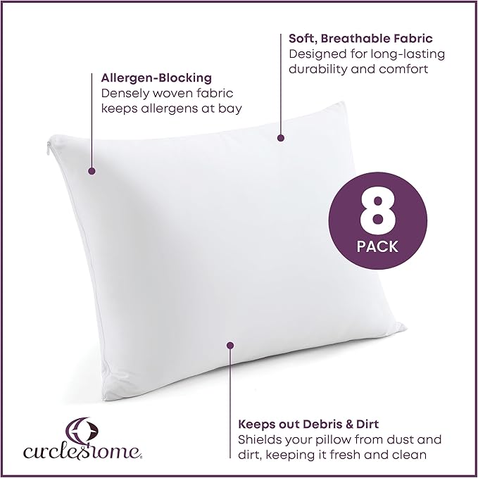 CirclesHome Pillow Protectors 8 Pack Queen Zippered - 100% Cotton Breathable Pillowcases - Protects Pillows from Dirt, Dust and Debris (Queen- Set of 8 - 20x30)