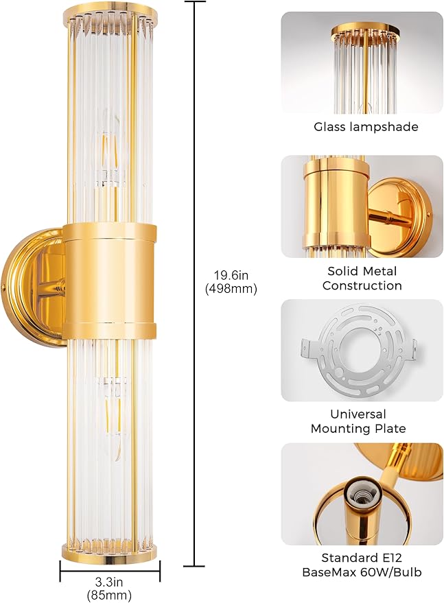 DORESshop Gold Wall Sconce, 19.6” Sconces Lighting, 2-Light Modern Light Fixtures, Bathroom Vanity Light for Living Room, Bedroom, Sconces Wall Decor, 1pack